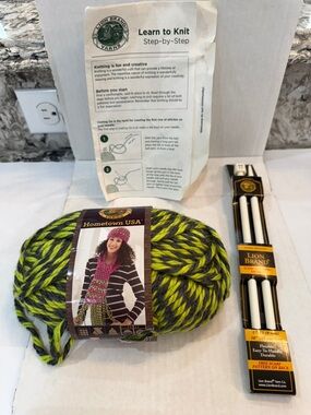 Lion Brand Yarns Learn to Knit Kit with Long Beach Lime Color #405 needles US 11